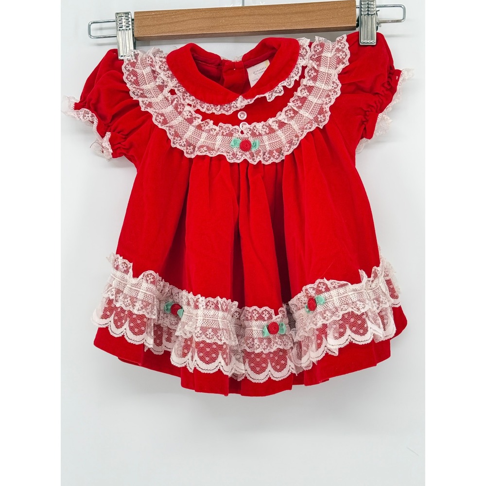 Vintage Red Velvet Lace Baby Dress 12 Months Holiday Victorian RN 16954 Roses